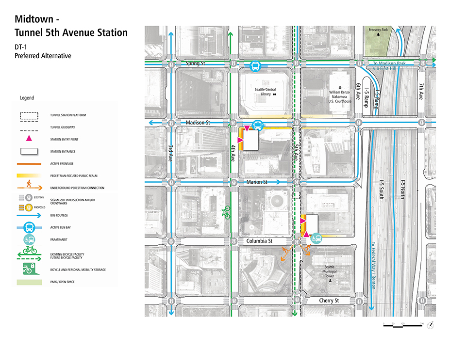 A map describes how pedestrians, bus riders, streetcar riders, bicyclists, and drivers could access the Midtown – Tunnel Fifth Avenue Station.